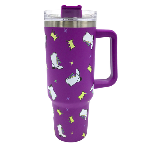 40oz Mardi Gras Marching Boot -  Double Wall Insulated Stainless Steel Tumbler with Straw (Each)