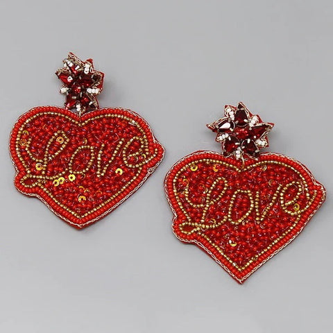 Heart With Love Seed Bead Earrings - Red (Pair)
